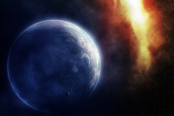 A blue planet on the background of a supernova outbreak