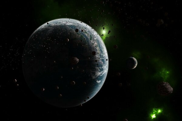 Planète Terre et pluie d astéroïdes