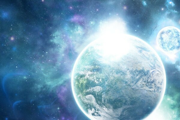 Foto cosmica del pianeta della fusione del sole e polvere di stelle