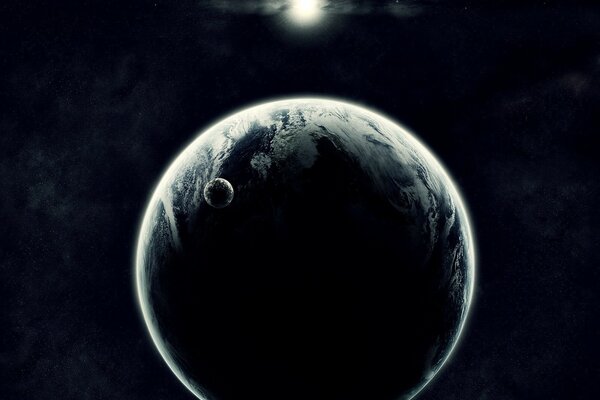 A planet with a satellite illuminated by the white light of a star on a black background of space