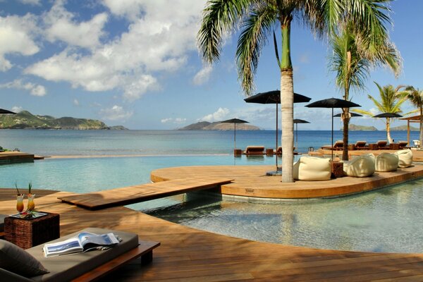 Luxury hotel with swimming pool and palm trees