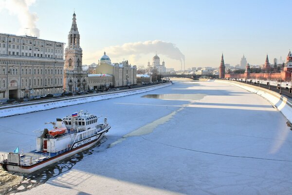 Winter Moscow with a frozen river