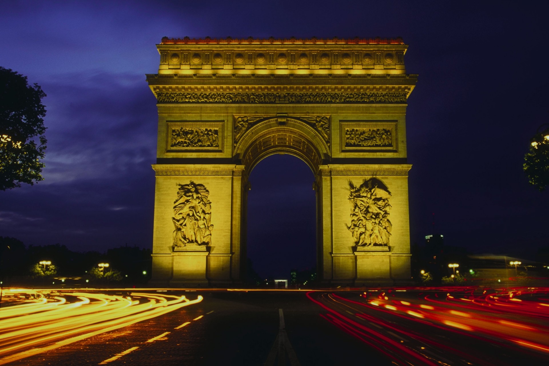дорога свет ночь париж триумфальная арка город
