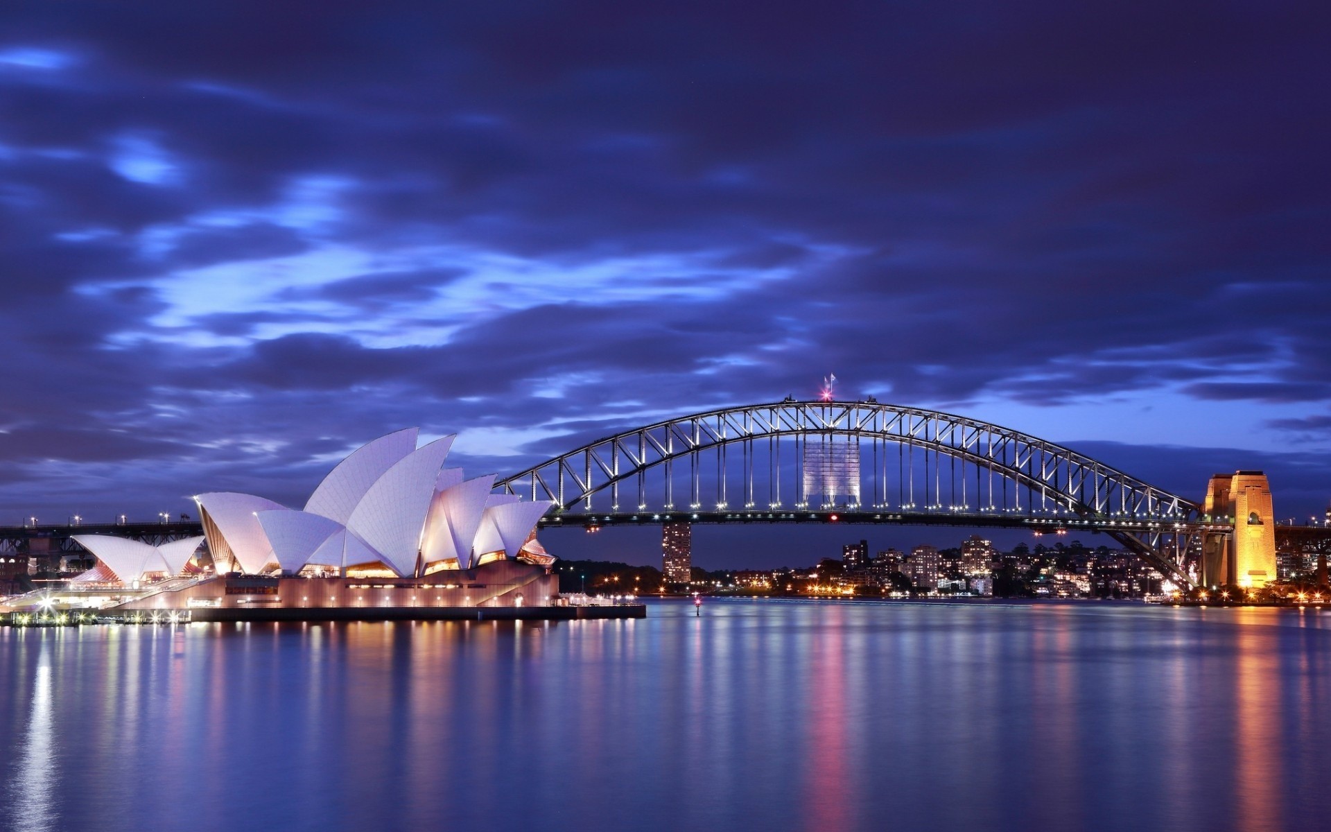 lichter wolken himmel brücke australien bucht nacht blau meer sydney beleuchtung opera house