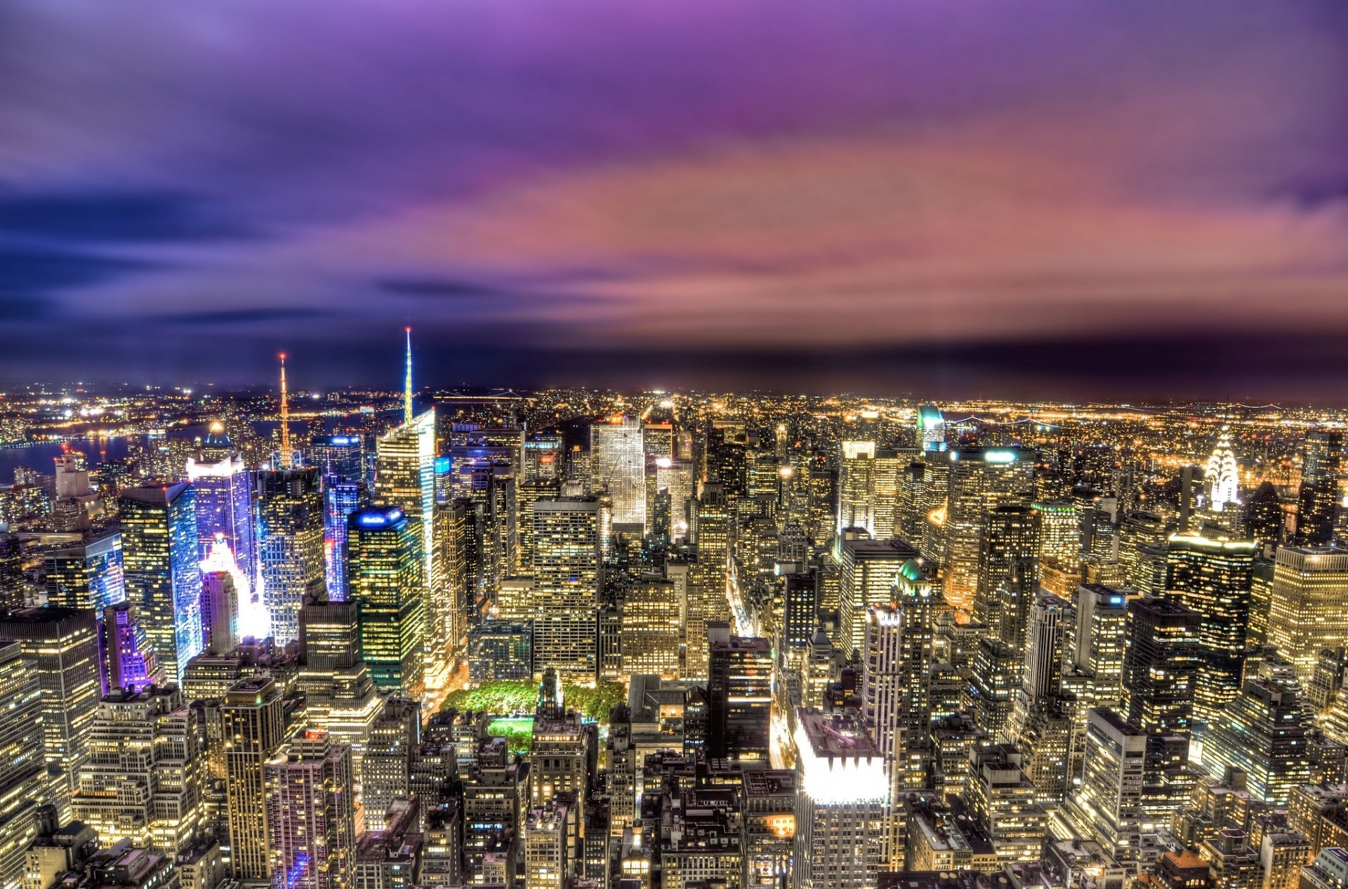 нью-йорк огни небоскребы мрак закат