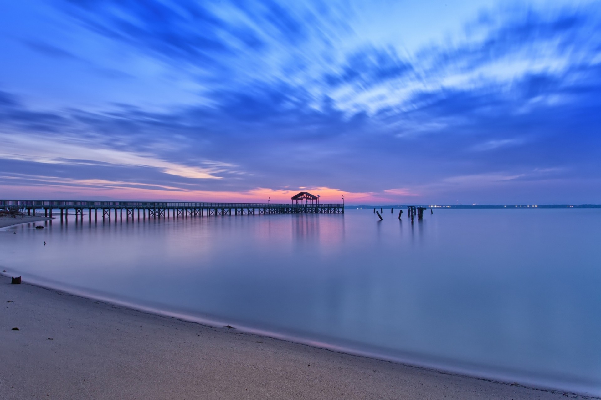 baie plage coucher de soleil jetée nuages etats-unis calme virginie rivage nuit ciel sable