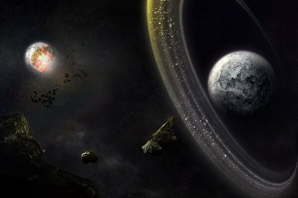 Deux planètes dans l espace et une ceinture d astéroïdes