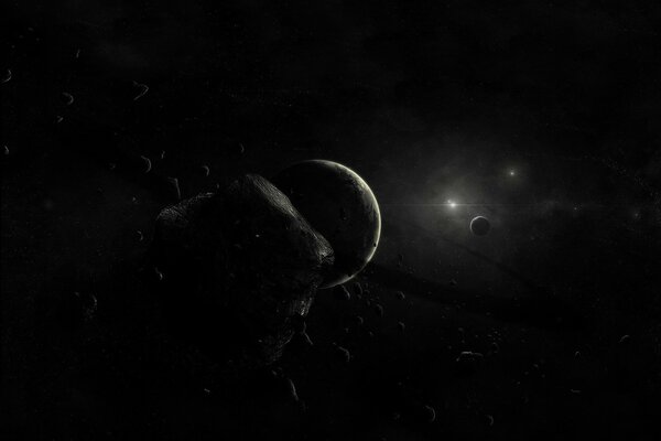 Schwarze Asteroiden und ein Planet im Weltraum