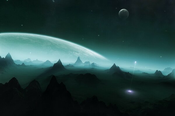Fond d écran montagnes sur une planète inhabitée et un rayon de lumière