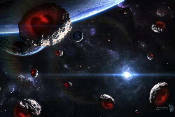 Meteorites attack the planet against the background of stars