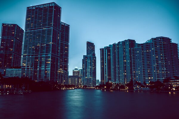 Residential buildings in Miami in the evening