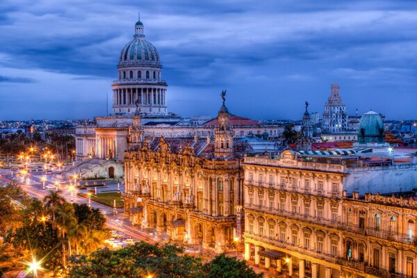 Night. The harbor. Cuba. City and lights