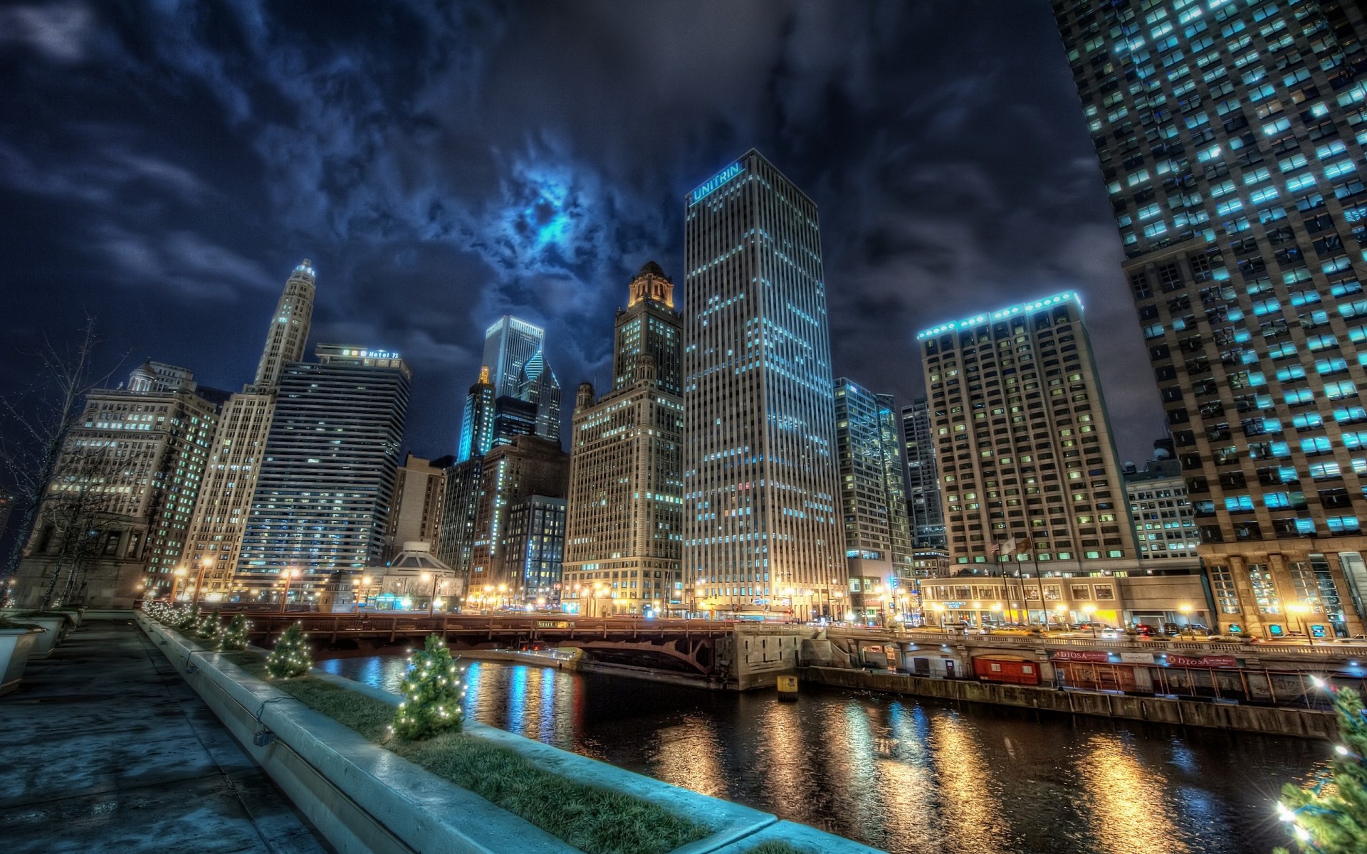 luci chicago notte riflessione città acqua canale