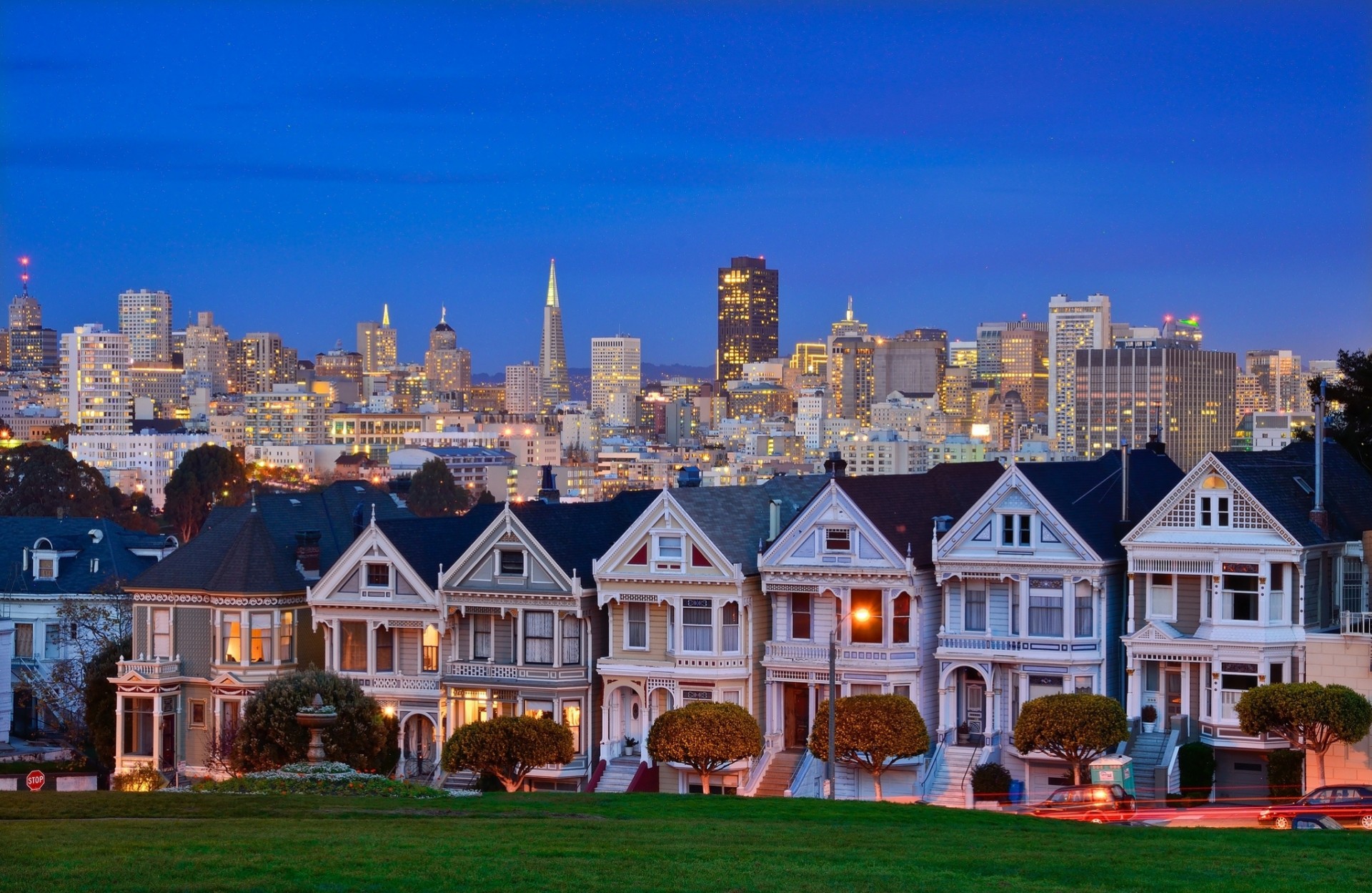 maisons californie san francisco arbres gratte-ciel bâtiment alamo square