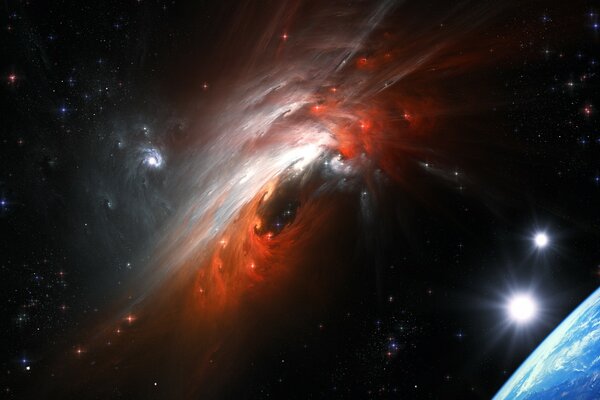 Collision of galaxies in the universe against the background of the earth