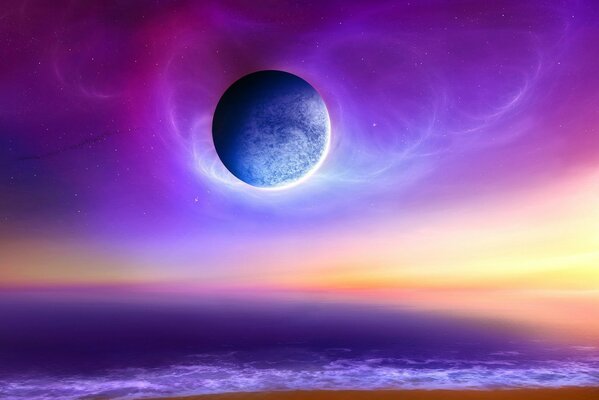 A cosmic sea with a beautiful sky and a planet