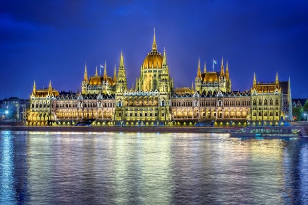 Reflexion des Parlaments in der Nacht in Budapest