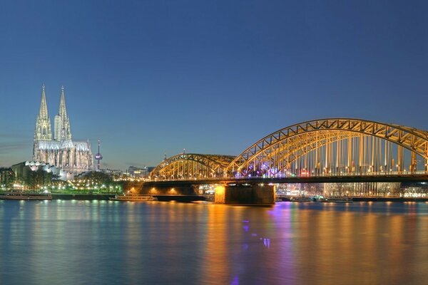 All the beauty of Germany-lights, cathedral, night, river, bridge