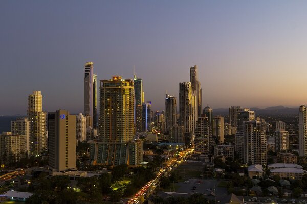 Skyscrapers and houses in the morning light