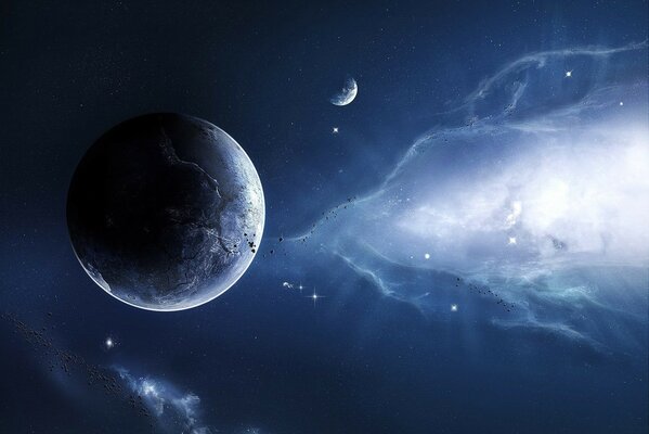 Una onda de meteoritos, el resplandor de las estrellas, la tierra en el universo, polvo de estrellas