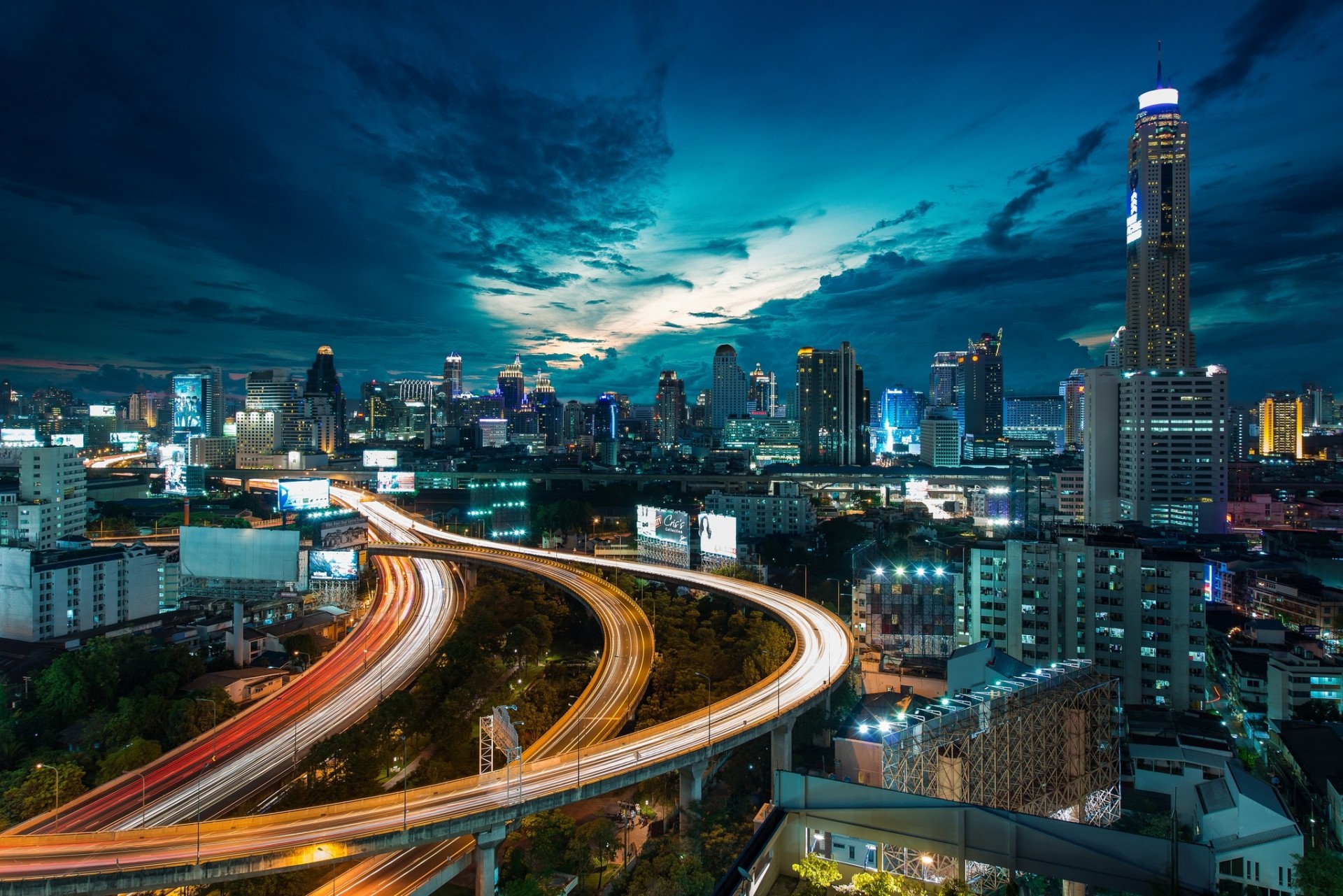 clouds night road skyscraper town sky building motion lighting bridge house