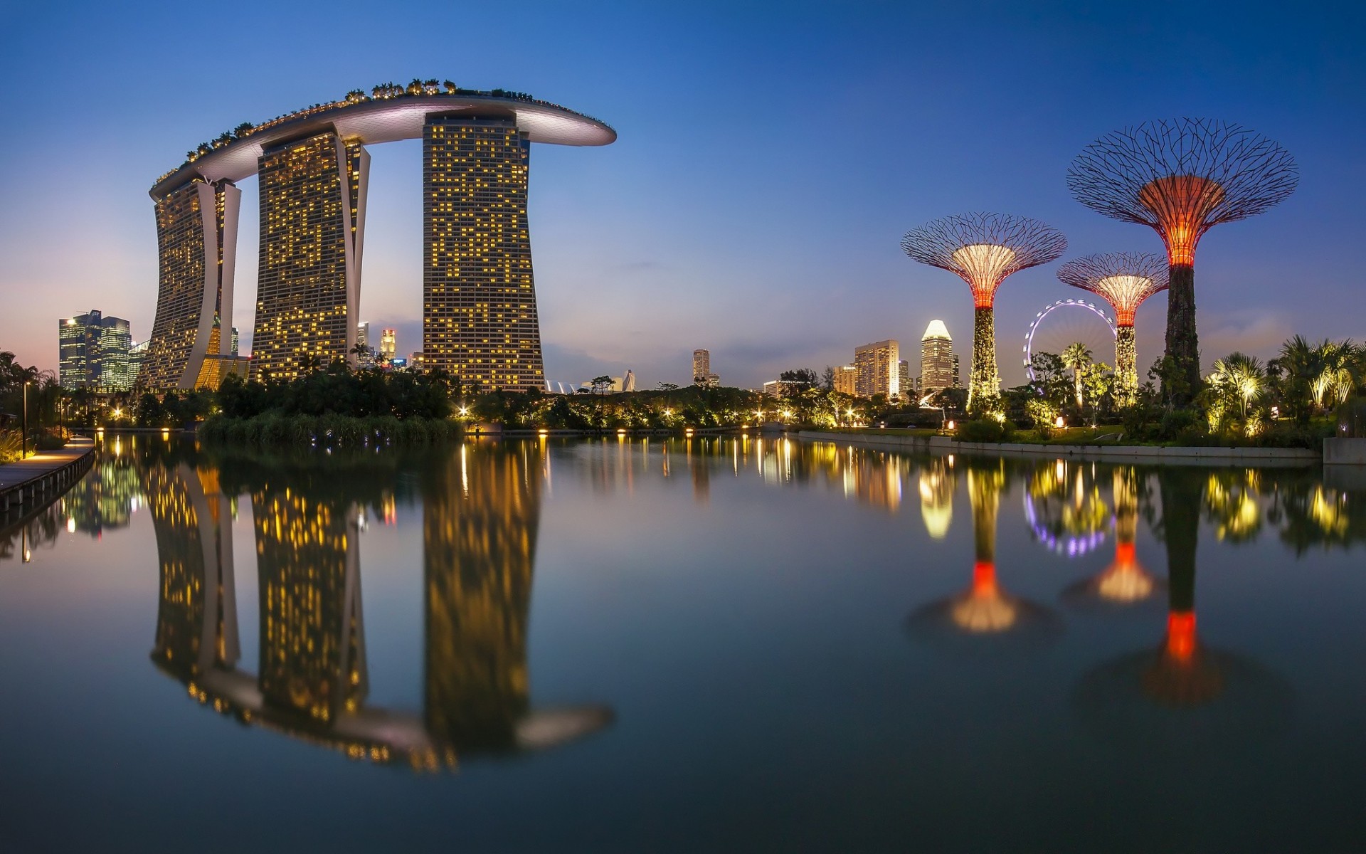 lumières nuit réflexion putain de roue mer ville bâtiment singapour