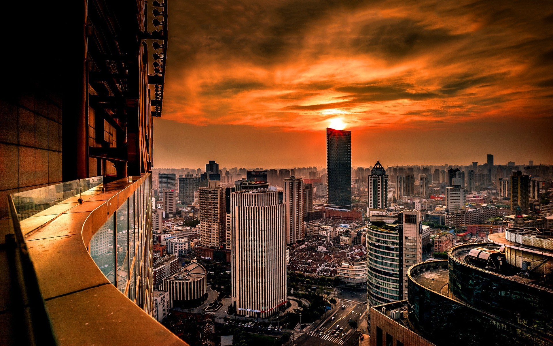 puesta de sol china árboles shanghai ciudad noche edificio