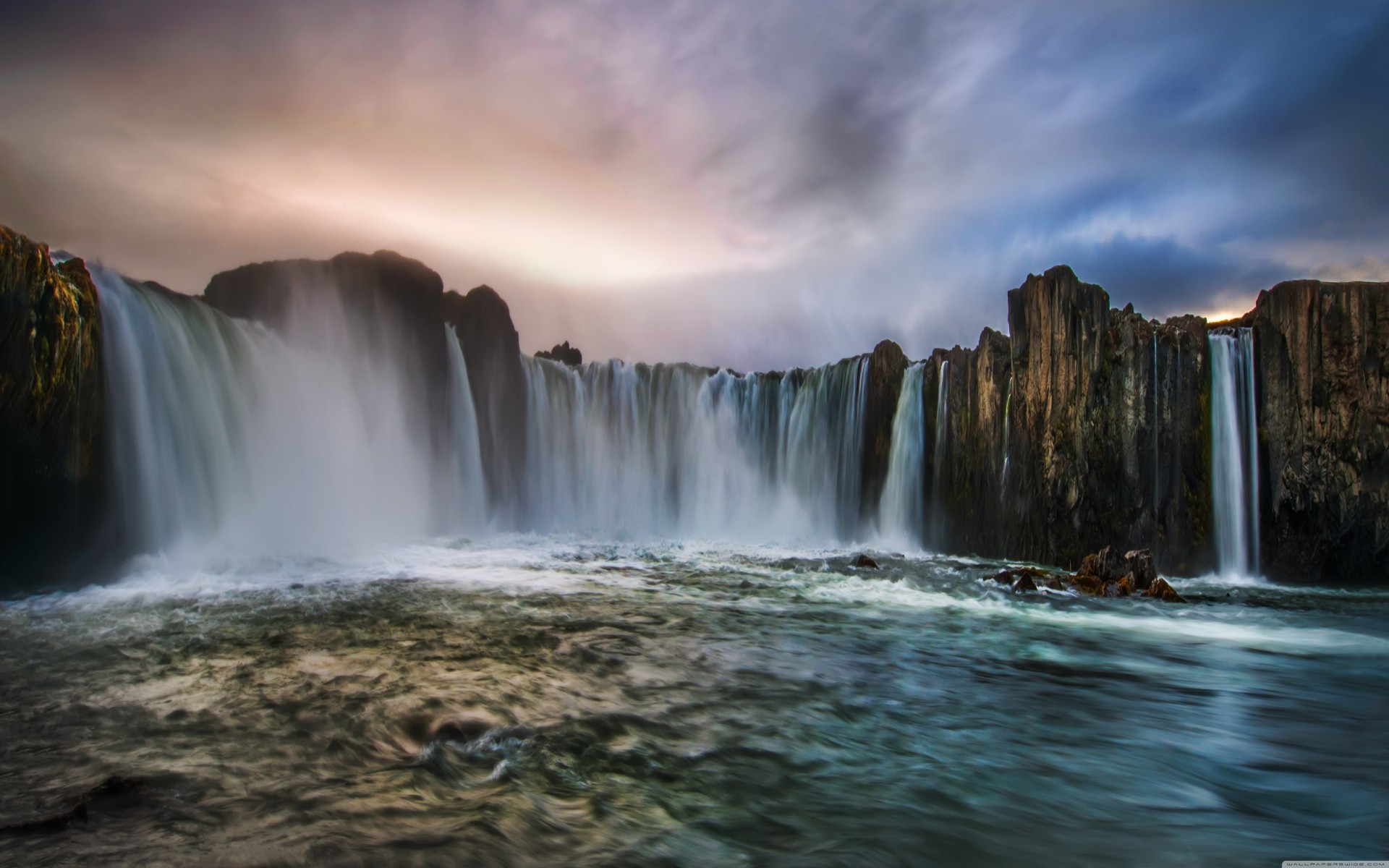 iceland water clouds rock waterfall