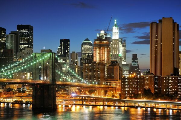 Brooklyn Bridge in the evening lights