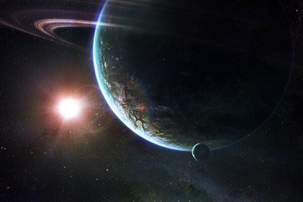 El planeta Saturno con un satélite en el fondo del sol