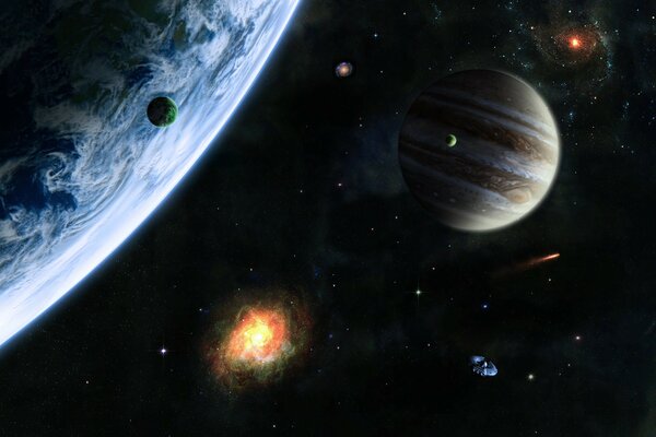 Wszechświat z różnymi planetami i satelitami