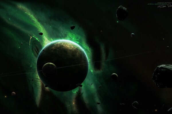 Pianeta e asteroidi su uno sfondo di bagliore verde