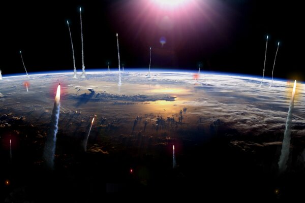 Les fusées décollent de la terre dans l espace