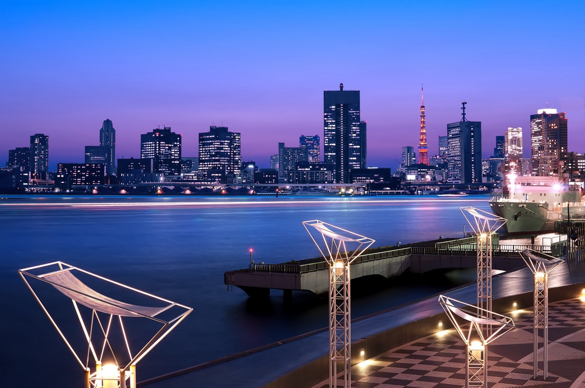 lumières baie capitale nuit tokyo ciel lilas gratte-ciel métropole bleu ciel bâtiment japon tour éclairage maisons