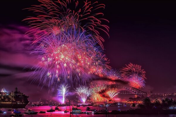 Fuegos artificiales nocturnos en la ciudad