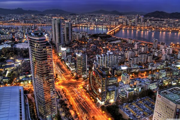 Vista de pájaro de la noche de Seúl