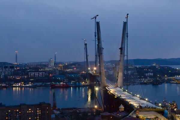 Ponte notturno in città sulla riva del fiume