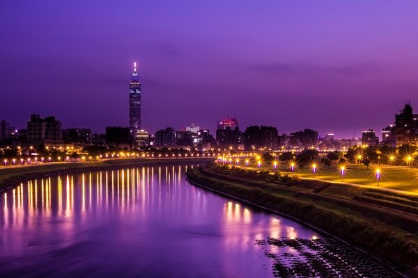 Chinese city Taiwan at night beautiful tower