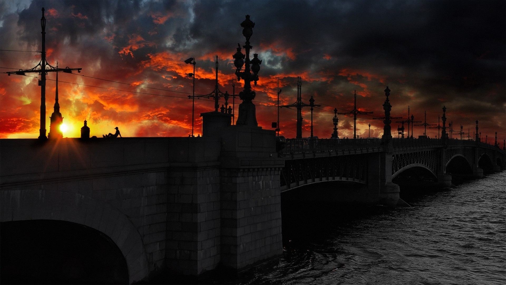 river russia night black cloud bridge trinity neva st. petersburg city trinity