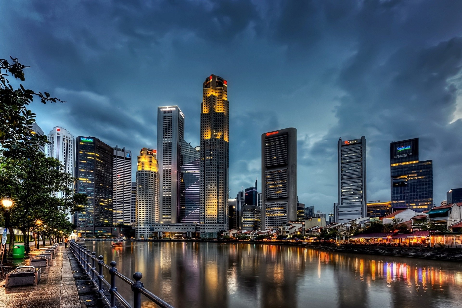 lights clouds skyscraper reflection tree singapore gulf town water night house