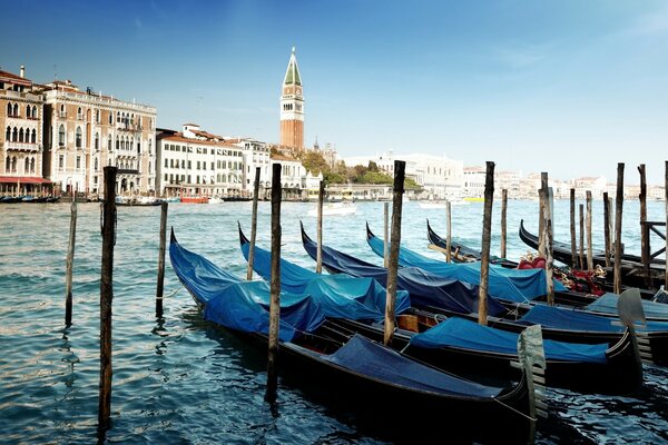 Gondoles bleues dans le canal de Venise