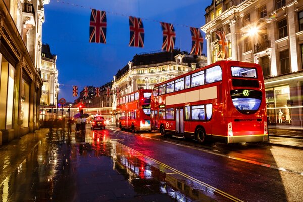 London at night red bus and bright lights