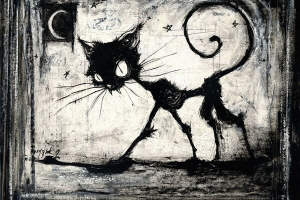 Black and white drawing of a skinny cat