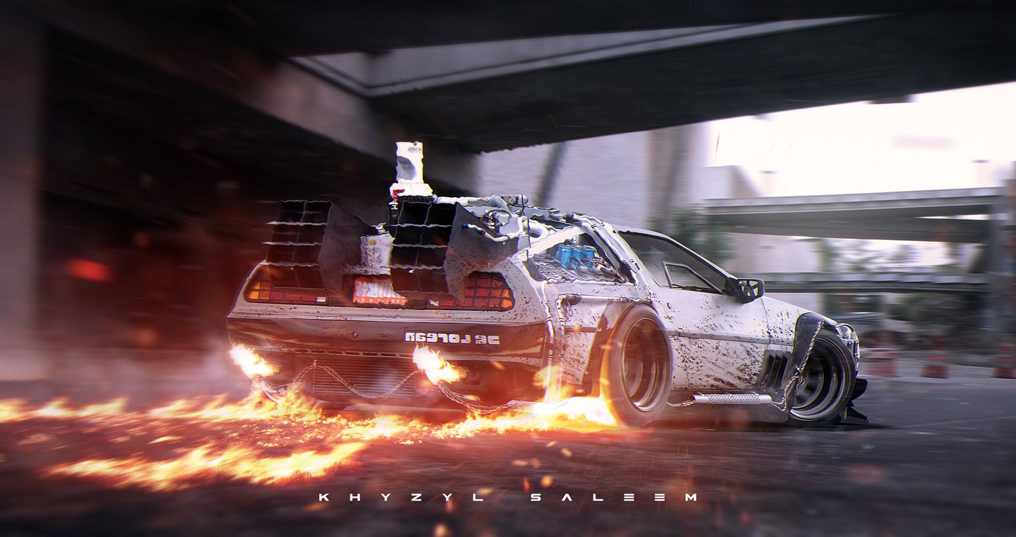 delorean dmc-12 plata atrás volver al futuro carretera fuego photoshop arte digital khyzyl salim delorian plata llama