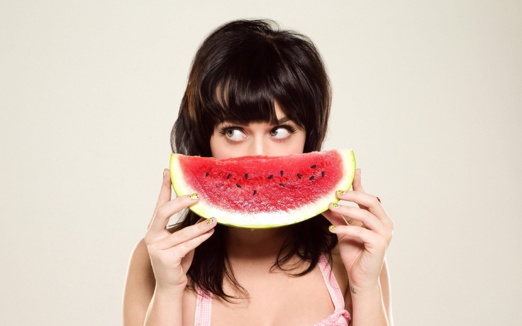 a slice of watermelon averting his eyes katy perry singer centerfolds portrait girls look women face eye