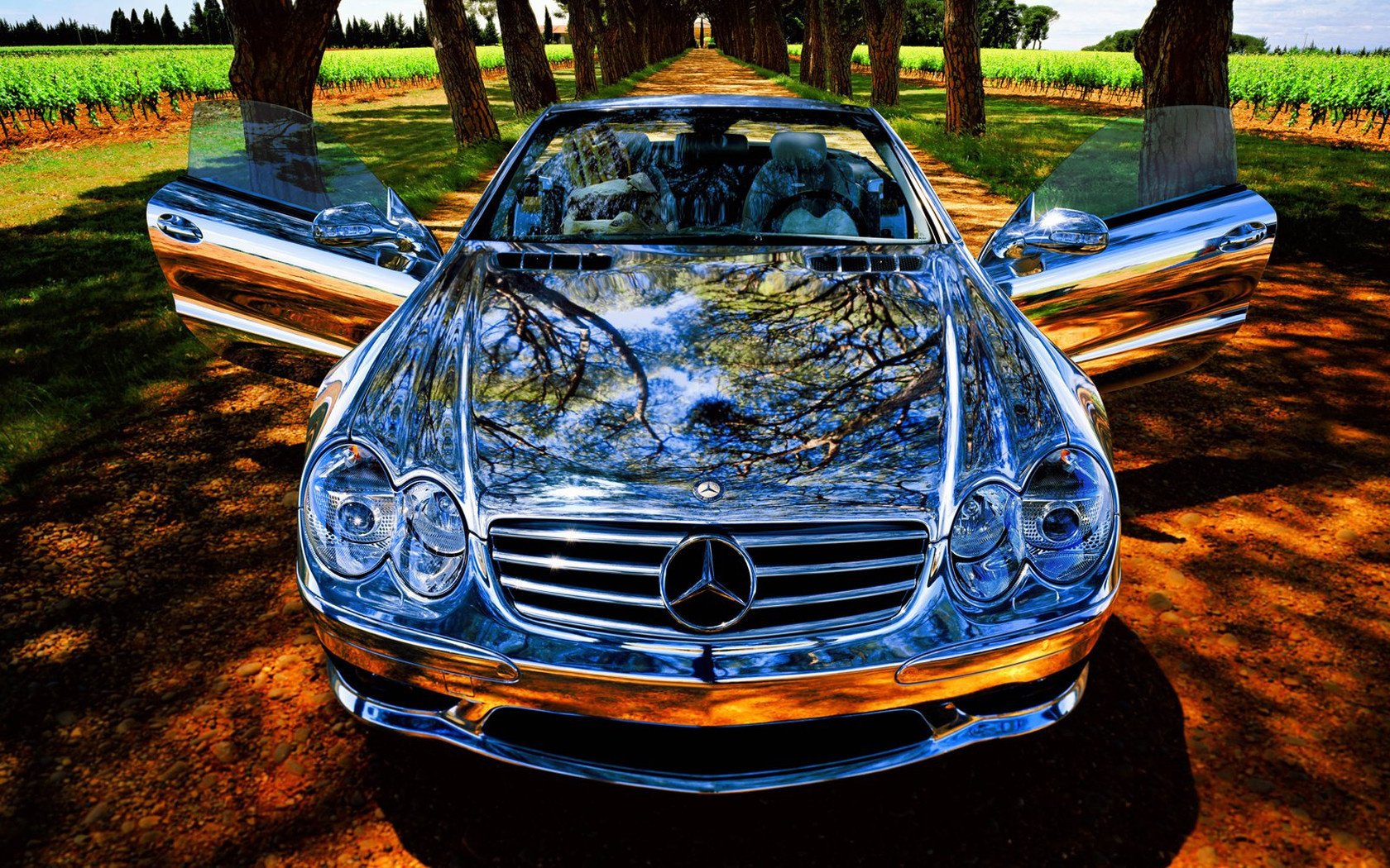 kalendar hdr chrome reflection on the hood mersedes paint alea auto mercedes trees greenery reflection open doors car headlights metallic passenger cars transport motor transport