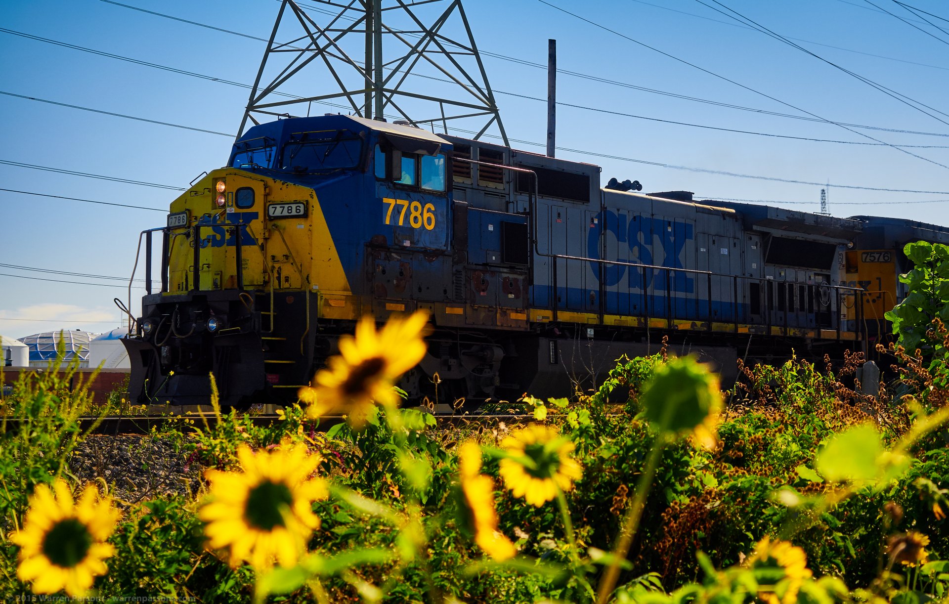 train railroad locomotive rails sunflowers nature