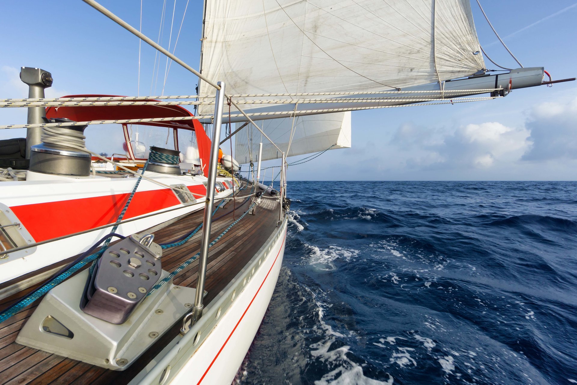 yacht deck sail sky clouds sea waves spray wind wayside rumbus movement full stroke horizon speed space ship marine boat summer tourism leisure travel bokeh wallpaper