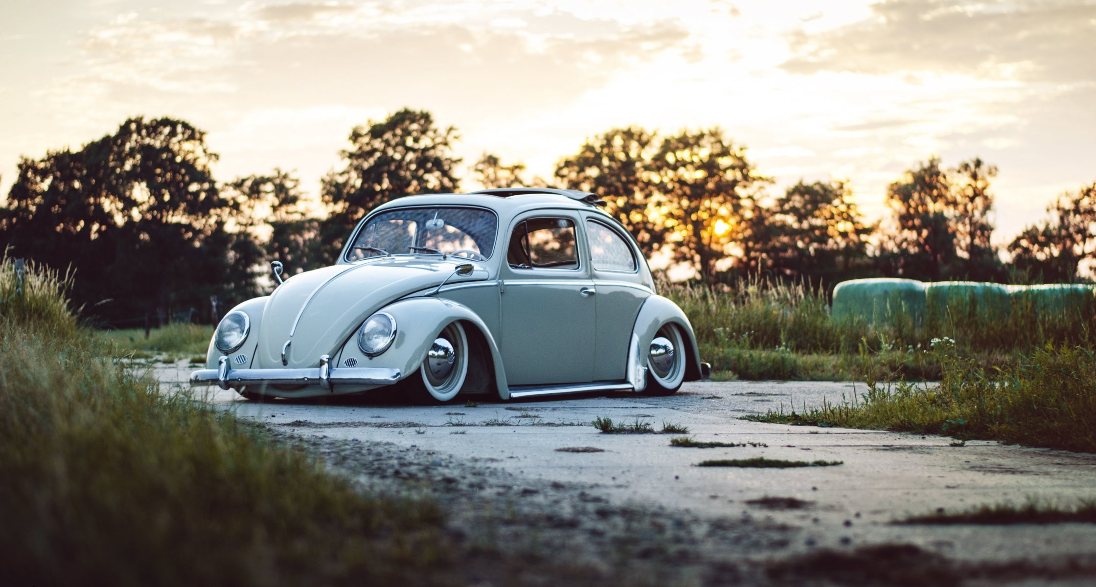 volkswagen beetle toit ouvrant roues route arbres ciel coucher de soleil