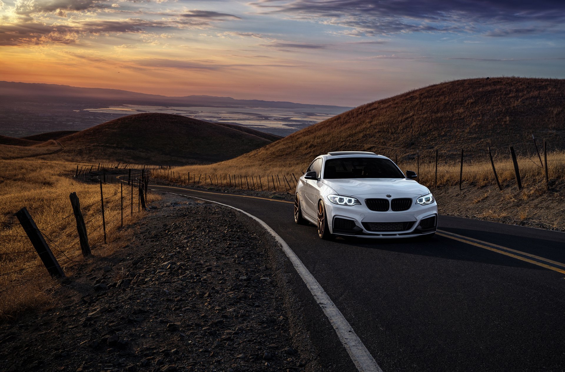 bmw m235i avant gard ruote auto montagna san jose tramonto anteriore